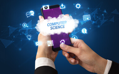 Hand using smartphone with cloud technology concept