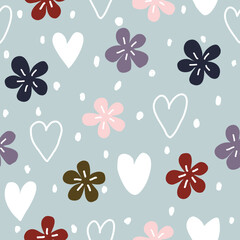 Seamless pattern with purple, red, blue, green, pink flowers, white hearts, abstract hearts and white dots on a green background.