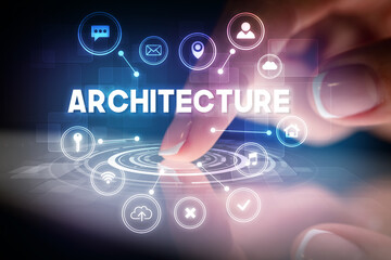 Finger touching tablet with web technology icons concept