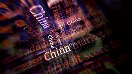 Headline news titles across media with China, Chinese economy and politics. Abstract concept displays loop. Flight between screens with glitch effect seamless and looped 3d.