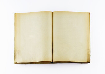 Top view of blank open old book with grange pages on white background