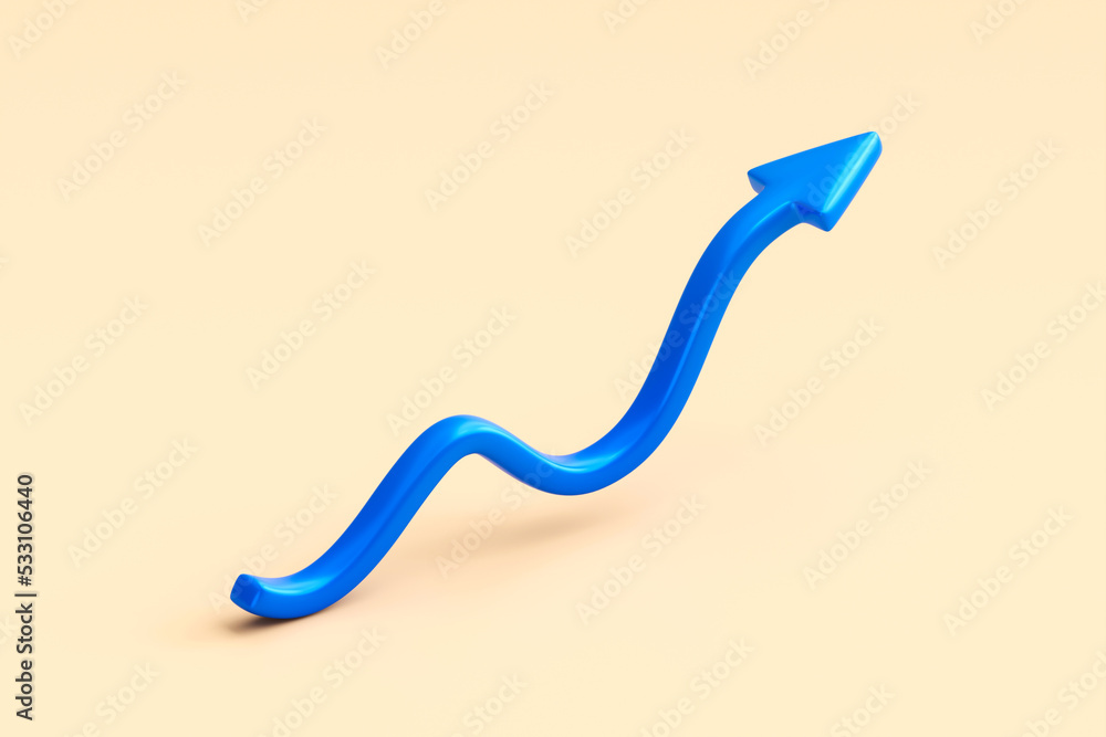 Poster blue 3d curve arrow up icon isolated on direction symbol blank background with growth chart profit t