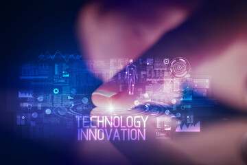 Finger touching tablet with web technology icons concept