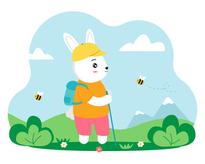 Obraz na płótnie Canvas Cute tourist rabbit. Cartoon bunny with a backpack goes to the mountains. Vector illustration