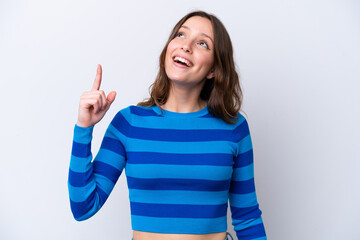 Young caucasian woman isolated on white background pointing up and surprised