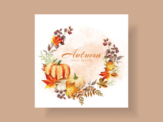 autumn greetings card with mushroom and pumpkins and leaves
