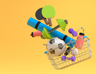 Sport equipment for fitness, gym, crossfit in shopping basket on yellow