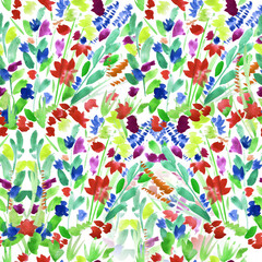 Obraz na płótnie Canvas Seamless pattern with colorful bright flowers. Watercolor background. 