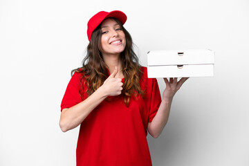 Pizza delivery woman with work uniform picking up pizza boxes isolated on white background giving a...