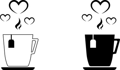 Two cups of tea with hearts in black and white. Silhouettes of two cups.