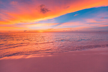 Fototapeta premium Closeup sea sand beach. Panoramic beach landscape. Inspire tropical beach seascape horizon. Majestic sunset sky reflection calm tranquil relaxing sunlight summer mood. Mediterranean seaside vacation