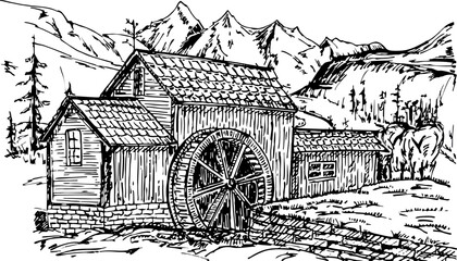 Old water mill sketch. Hand drawn old rustic mills. Vintage illustration. River and mountains landscape hand drawing