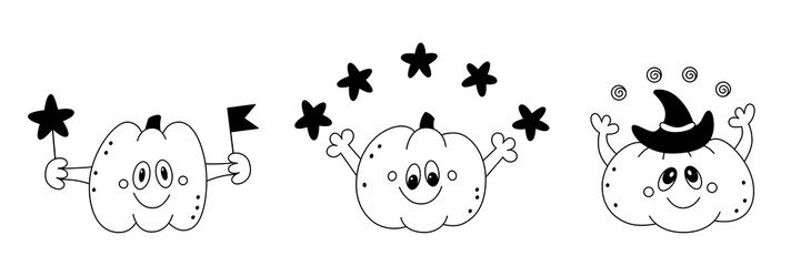 Doodle set of cartoon happy pumpkins.Vector kid festive design elements for halloween cards,invitation,social media templates.Outline.Isolated on white background.
