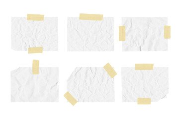White ripped crumpled paper strips collection. Realistic paper scraps with adhesive tape on...