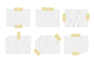 White ripped crumpled paper strips collection. Realistic paper scraps with adhesive tape on transparent background. Sticky note