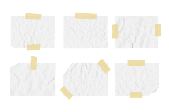 White ripped crumpled paper strips collection. Realistic paper scraps with adhesive tape on transparent background. Sticky note