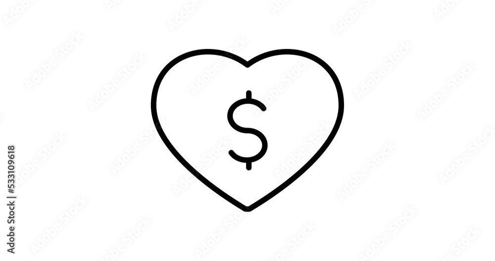 Poster heart with dollar sign animated outline icon. heart with dollar sign line icon motion design for web