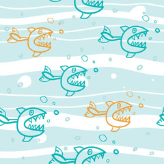 Shark seamless pattern. Cartoon sketch fish illustration. Drawn by hand.