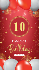 10th Birthday celebration with red and white balloons, gold frames, fireworks on red background. Premium design for ceremony, banner, poster, birthday invitations, and Celebration events. 