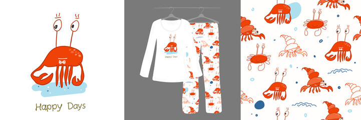 Cute crab and sea, cartoon animals on a white background. Seamless pattern. Women's pajamas.
