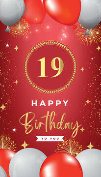 19th Birthday celebration with red and white balloons, gold frames, fireworks on red background. Premium design for ceremony, banner, poster, birthday invitations, and Celebration events. 