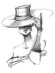 Portrait of a girl in a hat. Fashion Woman. Glamor Style. Fashion lady. Head sketch. Girl face