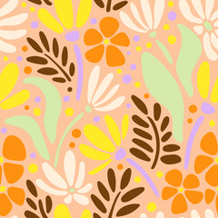 Vintage botanical seamless pattern. Modern groovy flowers, vector background. Hand drawn floral retro print for fabric, wallpaper, packaging, wrapping paper, web banner and social media