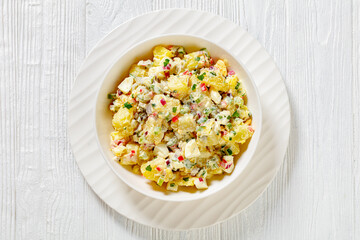 shout hallelujah potato salad in white bowl