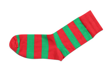 New striped sock on white background, top view