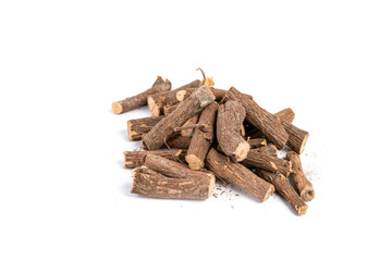 Ayurvedic Mulethi or Liquorice root stick or jeshthamadh on white background