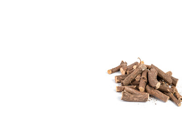 Ayurvedic Mulethi or Liquorice root stick or jeshthamadh on white background