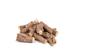 Ayurvedic Mulethi or Liquorice root stick or jeshthamadh on white background
