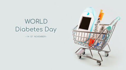 Diabetes Day card with glucose meter, test strips for determining blood sugar levels, syringes for insulin injections in shopping trolley on blue background with inscription