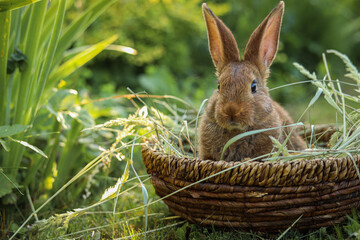 Cute fluffy rabbit in wicker bowl with dry grass outdoors. Space for text