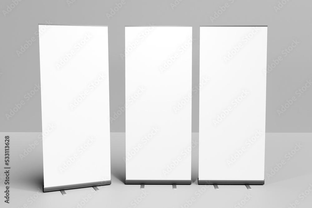 Wall mural blank roll up banner stand set. empty mock up for presentation. 3d rendering