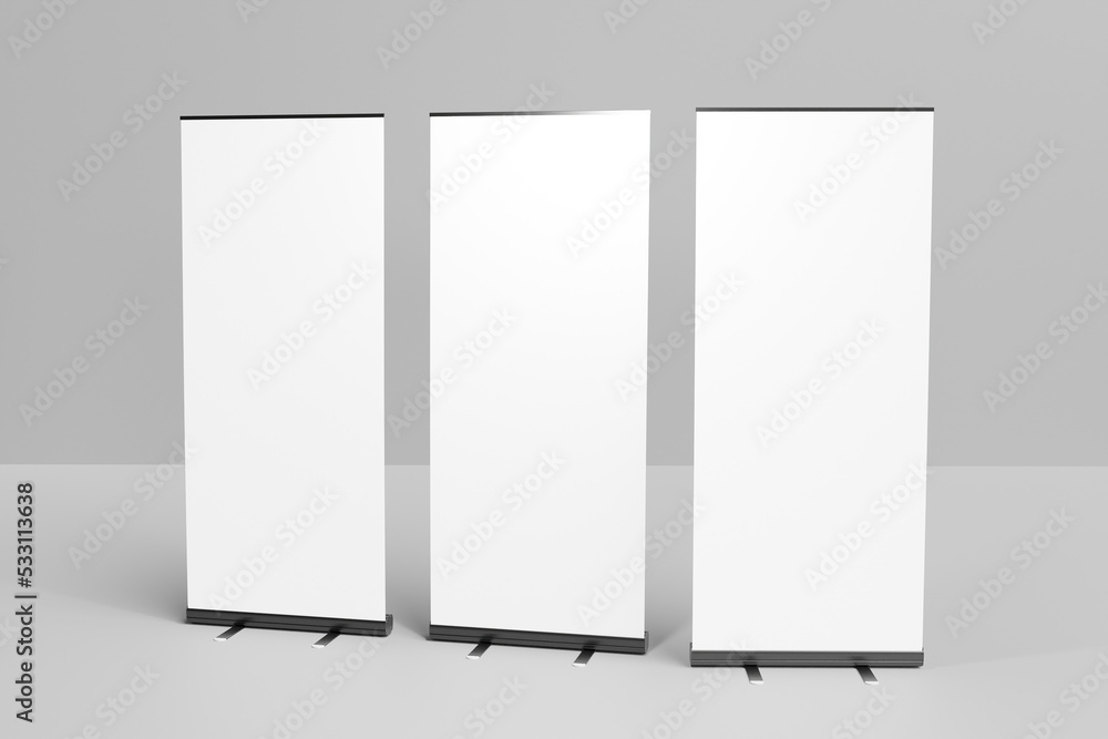 Wall mural blank roll up banner stand set. empty mock up for presentation. 3d rendering