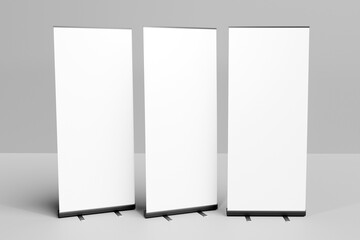 Blank roll up banner stand set. Empty mock up for presentation. 3d rendering