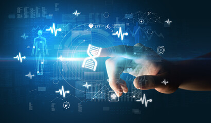 Doctor hand pressing futuristic health device with medical symbol on screen