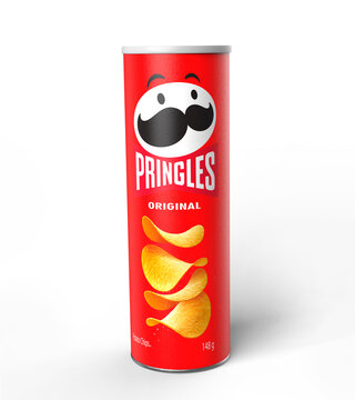 Malaga, Spain - September 24, 2022 Packet of Pringles potato chips on a white background. Crispy fries