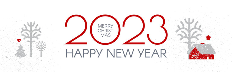 Happy New 2023 Year Christmas flyer with reindeer and winter landscape. Nordic design