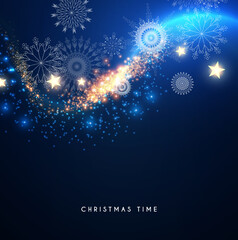 Merry Christmas and Happy New 2022 Year Shining Background. Elegant New Year Decoration with Snowflakess, Bokeh Effect and Shining Lights