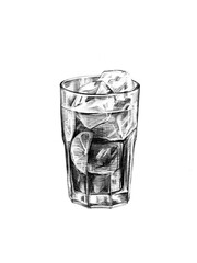 Tea illustration. Ice tea. Tea with lemon and ice. Cold cocktail. Pencil drawing. Sketch 