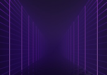 3D rendering of a long futuristic neon corridor going into perspective. Neon background, virtual reality, sci-fi modern empty stage reflecting, bright spectrum colors