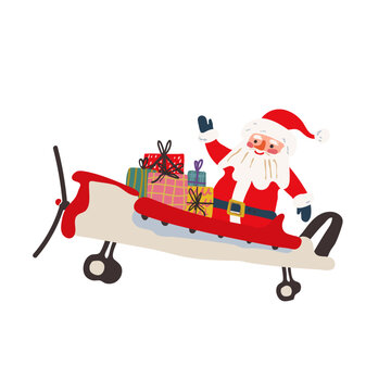 Merry Christmas and New Year Greeting Card, Santa Claus Piloting A Fighter Plane, Dropping Christmas Present. 