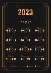 Moon calendar 2023 year. Lunar phases shedule template. Boho astrological poster. Vintage vector illustration.