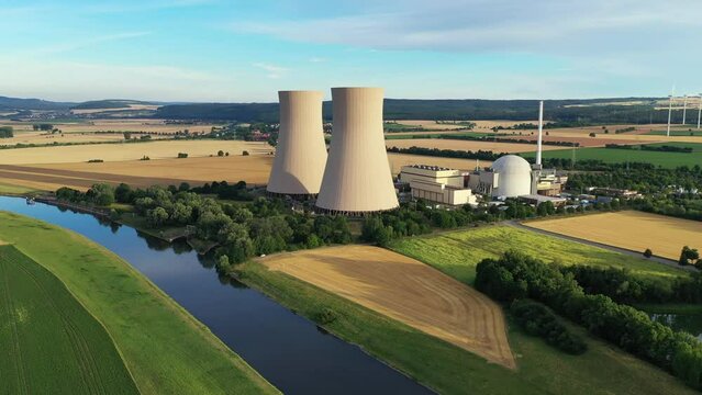 View of drone of nuclear power plant and river