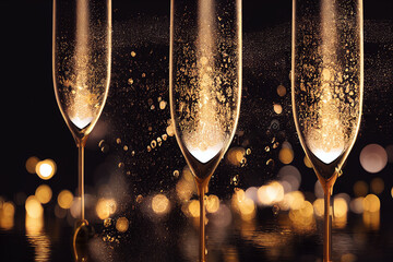 sparkling champagne in tall glasses New Year card