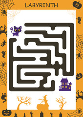 Halloween labyrinth worksheet. Maze or Labyrinth Game. Puzzle. Tangled road. Coloring Page Outline Of cartoon little witch with magical pot