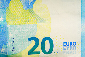fragment of twenty Euro bill. 20 euro banknote close-up. The euro is the official currency of 19 out of the 27 member states of the European Union