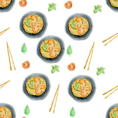 noodles asian cuisine watercolor freehand seamless pattern